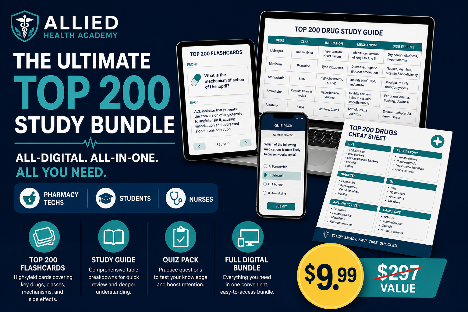 The Ultimate Top 200 Study Bundle — flashcards, study guide, quiz pack, cheat sheets